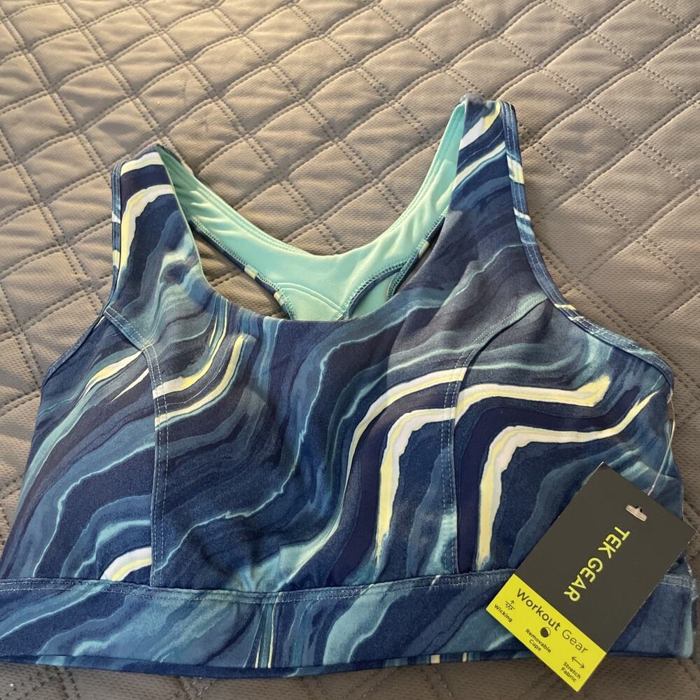 Tek Gear Workout Gear Bra Med. Blue/white/yellow Swirl NWT. Workout. Yoga. Gym